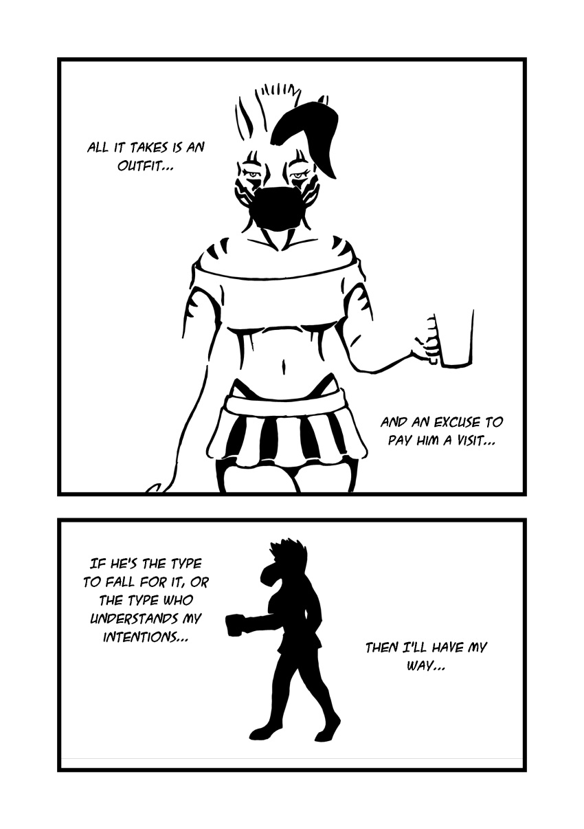 absurd_res bottomwear clothing comic crop_top cup equid equine female hi_res mammal miniskirt monochrome panties shirt silhouette skirt topwear twolfe underwear walking zebra