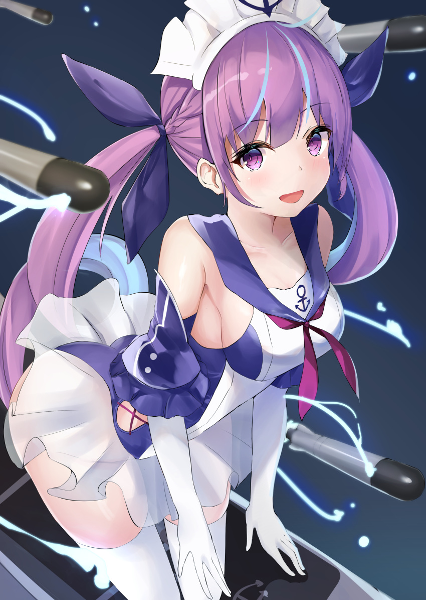 1girl absurdres ahoge azur_lane bangs bare_shoulders blue_sailor_collar blue_swimsuit breasts collarbone commentary_request crossover elbow_gloves eyebrows_visible_through_hair frilled_swimsuit frills gloves hair_ribbon highres hololive kurohikage large_breasts leaning_forward looking_at_viewer maid_headdress minato_aqua multicolored_hair neckerchief one-piece_swimsuit open_mouth purple_eyes purple_hair purple_neckwear purple_ribbon ribbon sailor_collar sideboob sidelocks smile solo streaked_hair swimsuit swimsuit_skirt torpedo twintails virtual_youtuber white_gloves