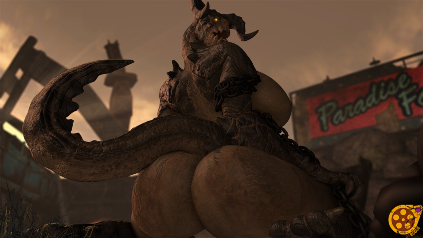 2019 3d_(artwork) amber_eyes bethesda_softworks big_breasts big_butt breasts bugg butt chain chain_leash deathclaw digital_media_(artwork) fallout female first_person_view horn kneeling leash nipples outside reptile scalie sfrogue video_games