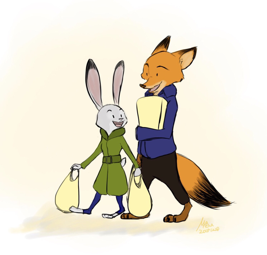 2018 ambiguous_gender bag barefoot bottomwear canid canine claws clothed clothing coat digital_media_(artwork) dipstick_ears dipstick_tail disney fox fully_clothed fur grey_body grey_fur holding_object judy_hopps lagomorph leporid looking_at_another mammal marema_kishin multicolored_ears multicolored_tail nick_wilde open_mouth open_smile pants rabbit red_fox simple_background smile toe_claws toeless_legwear topwear walking zootopia