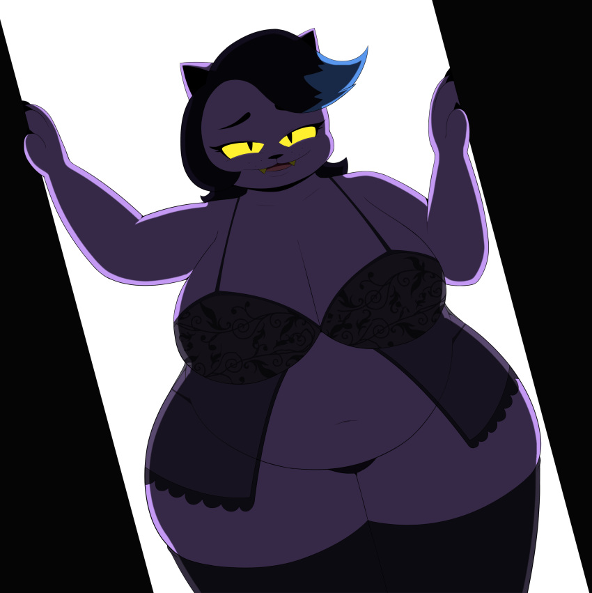 2019 absurd_res anthro belly big_breasts black_hair breasts catty_(undertale) clothing dr._chaos fangs felid feline female fur hair hi_res lingerie looking_at_viewer mammal open_mouth overweight overweight_female purple_body purple_fur solo undertale video_games yellow_eyes