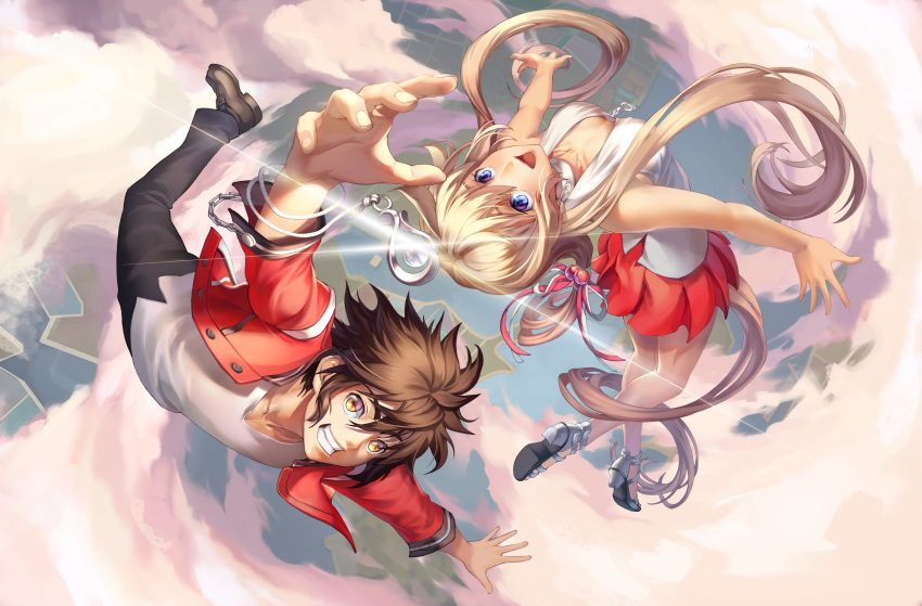 1girl absurdres blonde_hair blue_eyes breasts brown_hair bug cleavage fly hair_ornament highres insect jacket jewelry large_breasts long_hair original red_skirt shen_xiao_guang_ye shoes skirt sky very_long_hair yellow_eyes