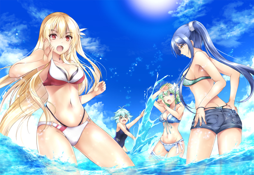 &gt;_&lt; 4girls alisa_reinford antenna_hair bikini blonde_hair blue_hair blue_shorts blue_sky breasts character_request cleavage cloud collarbone day denim denim_shorts eiyuu_densetsu floating_hair flower front-tie_bikini front-tie_top green_bikini green_hair hair_flower hair_ornament kagura_yuuto long_hair medium_breasts multi-strapped_bikini multiple_girls navel o-ring o-ring_bikini outdoors ponytail red_eyes school_swimsuit sen_no_kiseki shiny shiny_hair short_hair short_shorts shorts side-tie_bikini sideboob sky standing sun swimsuit thigh_strap underboob very_long_hair wading water white_flower yellow_eyes