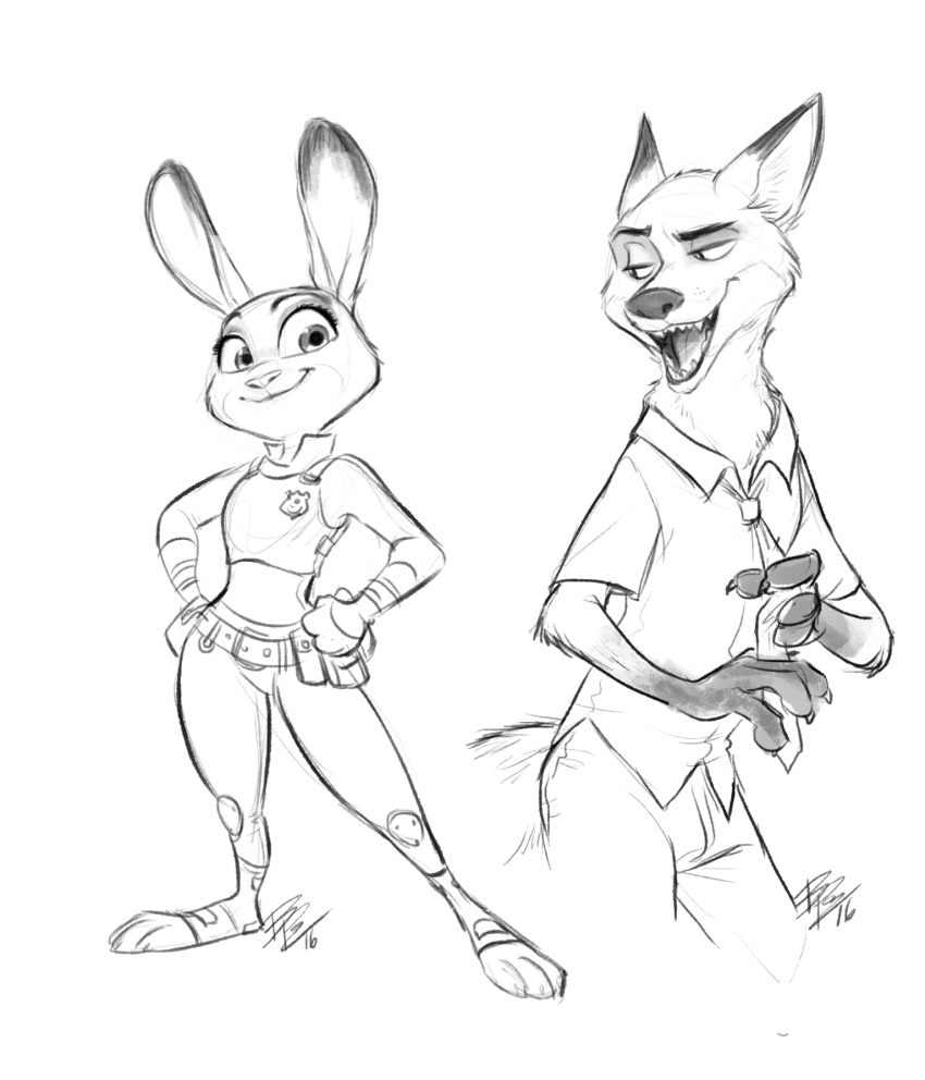 2016 anthro bonkalore_(artist) bottomwear canid canine cheek_tuft clothed clothing dipstick_ears disney duo facial_tuft fangs fox fully_clothed hands_on_hips inner_ear_fluff judy_hopps lagomorph leporid looking_at_another mammal monochrome multicolored_ears neck_tuft necktie nick_wilde open_mouth open_smile pants police_uniform rabbit red_fox sharp_teeth shirt sketch smile standing teeth toeless_legwear topwear tuft uniform zootopia
