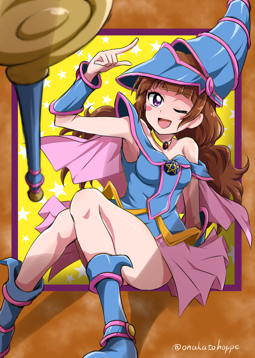 1girl ;d absurdres amanogawa_kirara armpits blue_footwear blush boots breasts brown_hair cosplay dark_magician_girl dark_magician_girl_(cosplay) go!_princess_precure highres index_finger_raised long_hair looking_at_viewer medium_breasts miniskirt niita one_eye_closed open_mouth pink_capelet pink_skirt pleated_skirt precure purple_eyes shiny shiny_hair sitting skirt sleeveless smile solo staff twitter_username very_long_hair yuu-gi-ou