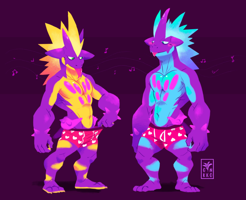 2019 absurd_res amped_toxtricity anthro blue_eyes blush clothing ginkko green_eyes hi_res low_key_toxtricity male muscular muscular_male nintendo pok&eacute;mon pok&eacute;mon_(species) purple_body reptile scalie simple_background solo spikes tongue tongue_out toxtricity underwear video_games