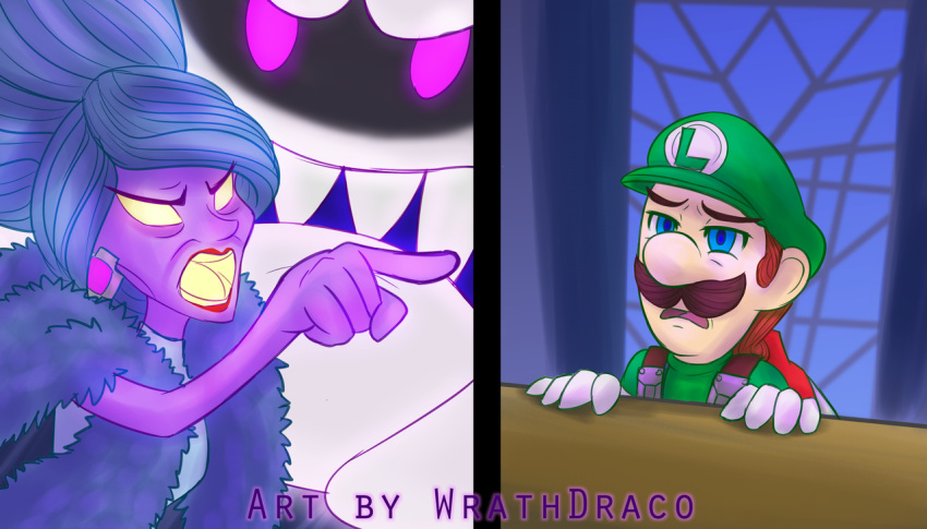 2019 angry blue_eyes blue_hair boo_(mario) brown_hair close-up clothed clothing ear_piercing ear_ring facial_hair fangs female furniture gesture ghost gloves glowing glowing_eyes hair handwear hat headgear headwear hellen_gravely human humor inside king king_boo long_hair luigi luigi's_mansion male mammal mansion mario_bros mustache nintendo not_furry open_mouth piercing pointing purple_eyes red_tongue royalty sharp_teeth shirt short_hair spirit table tan_body tan_skin teeth tongue topwear video_games wrathdraco yellow_eyes yellow_tongue