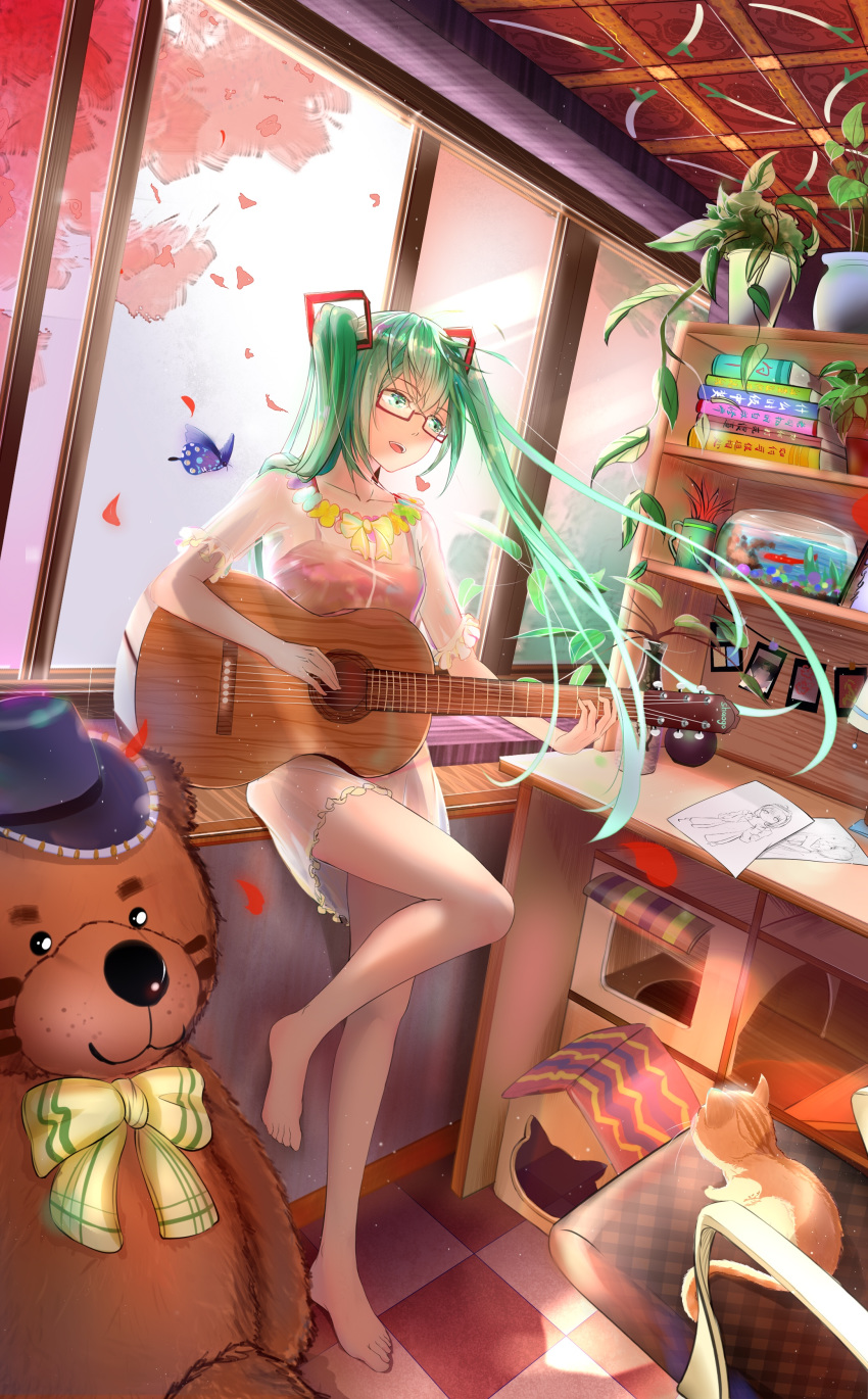 1girl absurdres aqua_eyes aqua_hair blue_neckwear blush book bookshelf bug butterfly cat chinese_commentary commentary drawings full_body glasses guitar hair_ornament hatsune_miku highres holding holding_instrument indoors insect instrument long_hair miniskirt music open_mouth paper petals plant playing_instrument potted_plant red-framed_eyewear room see-through semi-rimless_eyewear shelf sitting skirt sleeveless spring_onion spring_onion_print stuffed_animal stuffed_toy teddy_bear tree twintails very_long_hair vocaloid window youngpeak