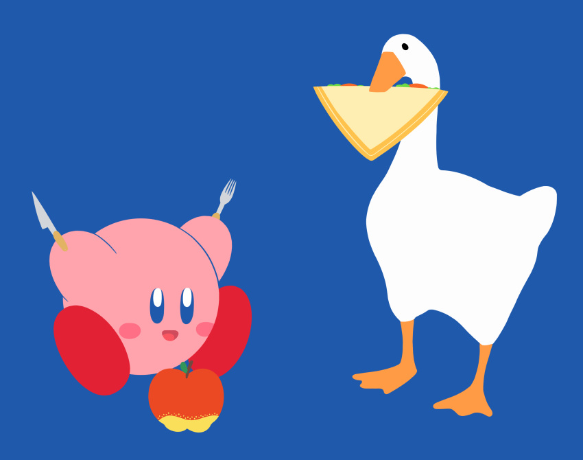 2019 absurd_res alien ambiguous_gender anatid anseriform anserinae avian beak bird blue_background blush crossover cutlery digital_media_(artwork) duo food fork goose goose_(untitled_goose_game) hi_res kirby kirby_(series) kitchen_utensils knife nintendo open_mouth open_smile picnic pink_body sandwich_(food) simple_background smile tastelesssandwiches tools untitled_goose_game video_games waddling_head