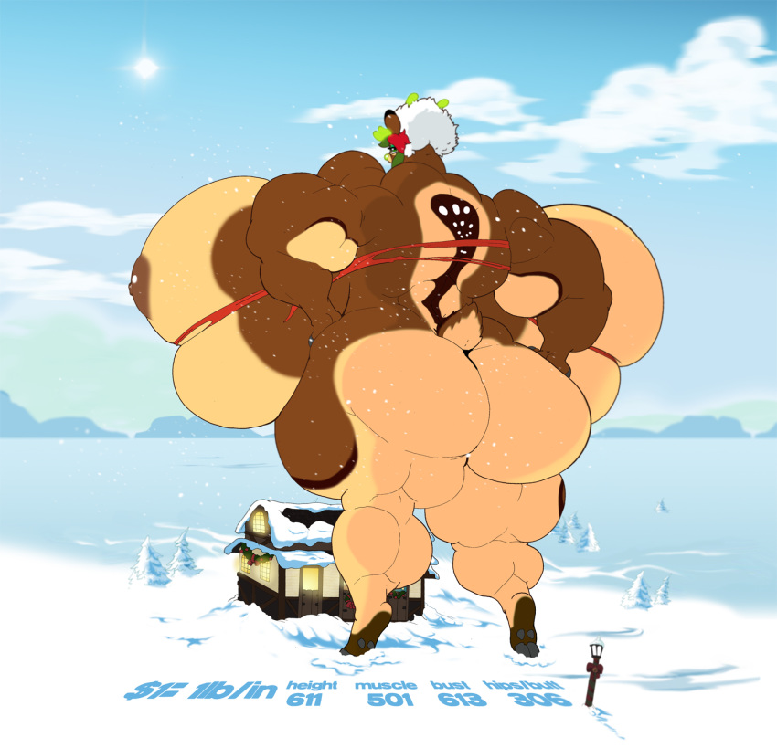 2014 anthro big_breasts breasts butt_expansion capreoline cervid clothed clothing female growth hi_res huge_breasts hyper hyper_breasts larger_female macro mammal muscle_growth nipples rabid reindeer size_difference skimpy snow thick_thighs