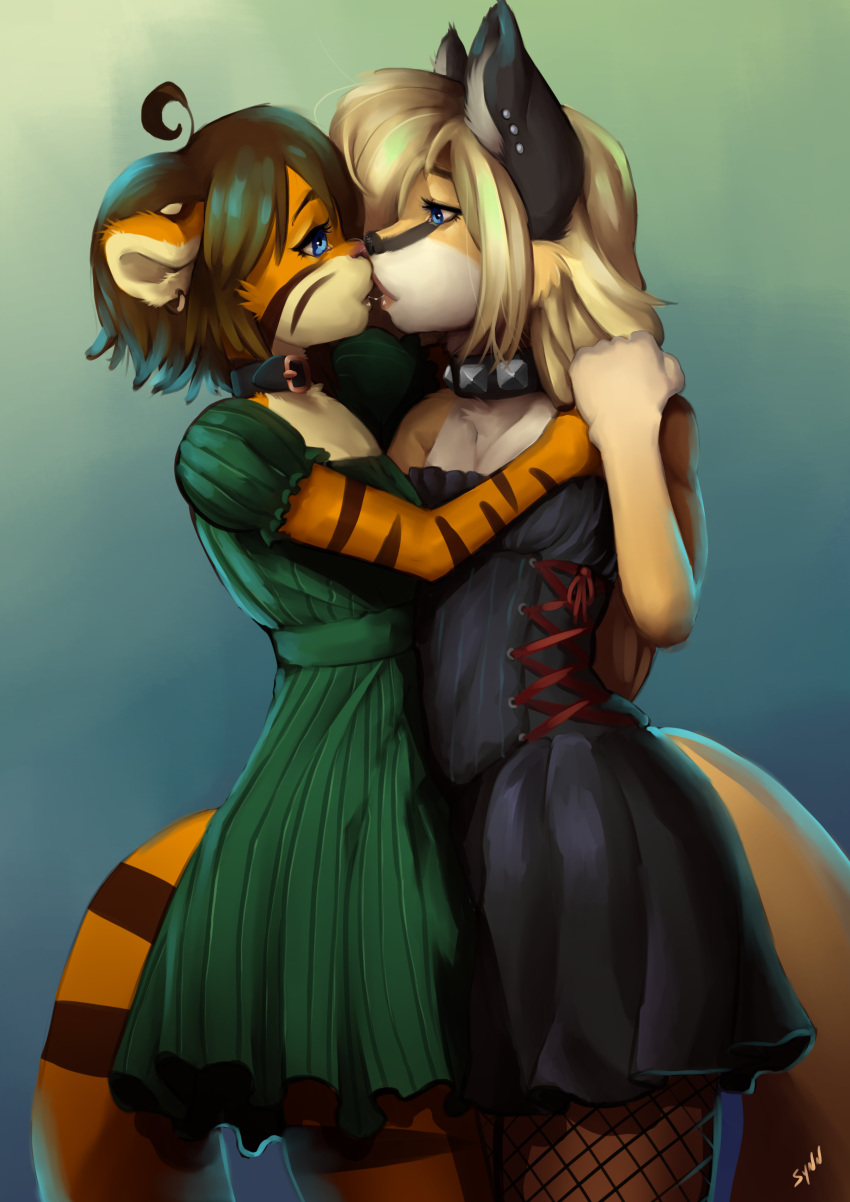 absurd_res age_difference ahoge anthro anthro_on_anthro black_stripes blonde_hair blue_eyes bodily_fluids breast_size_difference breasts brown_hair canid canine clothed clothing collar dancing date dress duo ear_piercing ear_ring embrace eye_contact felid feline female female/female fox fully_clothed fur grace_o'malley hair hand_holding hi_res holding_each_other hug kissing legwear looking_at_another looking_at_partner mammal older_female pantherine piercing romantic_ambiance saliva saliva_string small_breasts spiked_collar spikes standing stockings striped_body striped_fur striped_tail stripes swift_fox synn synnfultiger teenager tiger young younger_female