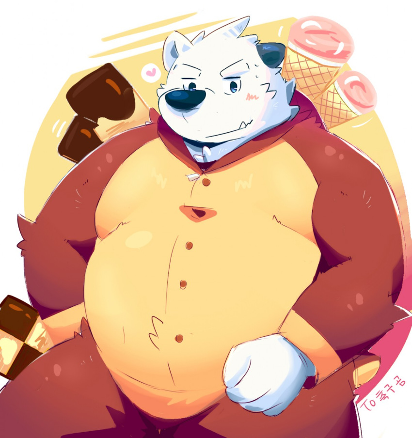 2015 anthro bhtoss blush candy chocolate cute_fangs engine_beater food fur humanoid_hands male mammal onesie overweight overweight_male polar_bear solo ursid ursine white_body white_fur