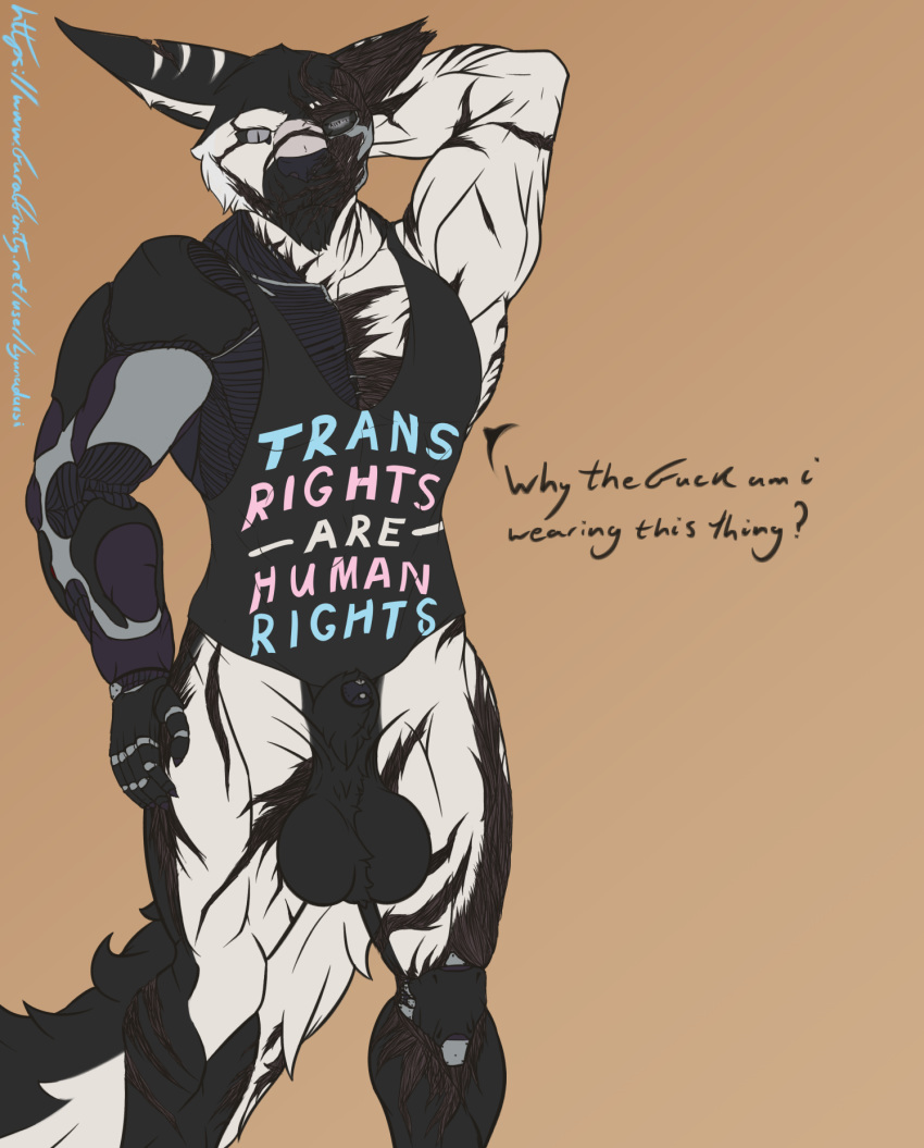2019 abs animal_genitalia annoyed anthro balls biceps big_balls big_ears black_sclera chest_tuft claws cybernetic_arm cybernetic_eye cybernetic_knee cybernetics dark_flesh dialogue digital_media_(artwork) ear_scar english_text felid fingers fluffy fluffy_tail fur heavily_scarred hi_res huge_balls lgbt lgbt_pride lyunadarsi machine male mammal muscular muscular_male nipples nude open_mouth pecs simple_background smile solo text trans_rights tuft white_body white_fur zenkia_(character)