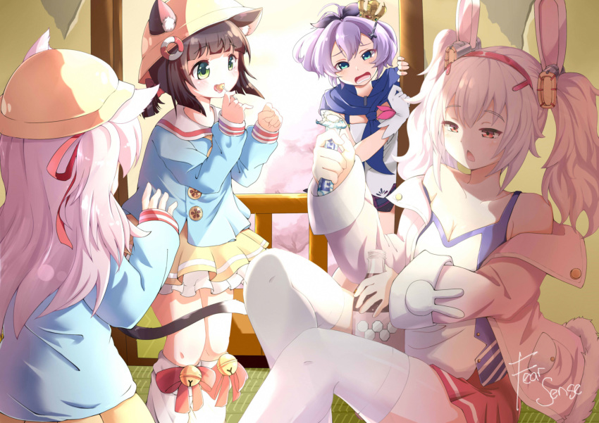 4girls :&lt; absurdres animal_ear_fluff animal_ears artist_name azur_lane bangs breasts brown_hair candy cat_ears cherry_blossoms coca-cola cola crown day english_commentary eyebrows_visible_through_hair fear_sense food gloves green_eyes hat highres indoors jacket javelin_(azur_lane) kindergarten_uniform kisaragi_(azur_lane) laffey_(azur_lane) lavender_hair lollipop long_hair long_sleeves medium_hair mentos mini_crown multiple_girls mutsuki_(azur_lane) off_shoulder open_clothes open_jacket open_mouth petticoat pink_hair pink_jacket pleated_skirt purple_hair red_eyes red_skirt sailor_collar school_hat short_hair shouji sidelocks signature single_glove skirt sliding_doors small_breasts strap_slip tatami thighhighs twintails white_gloves white_legwear yellow_skirt