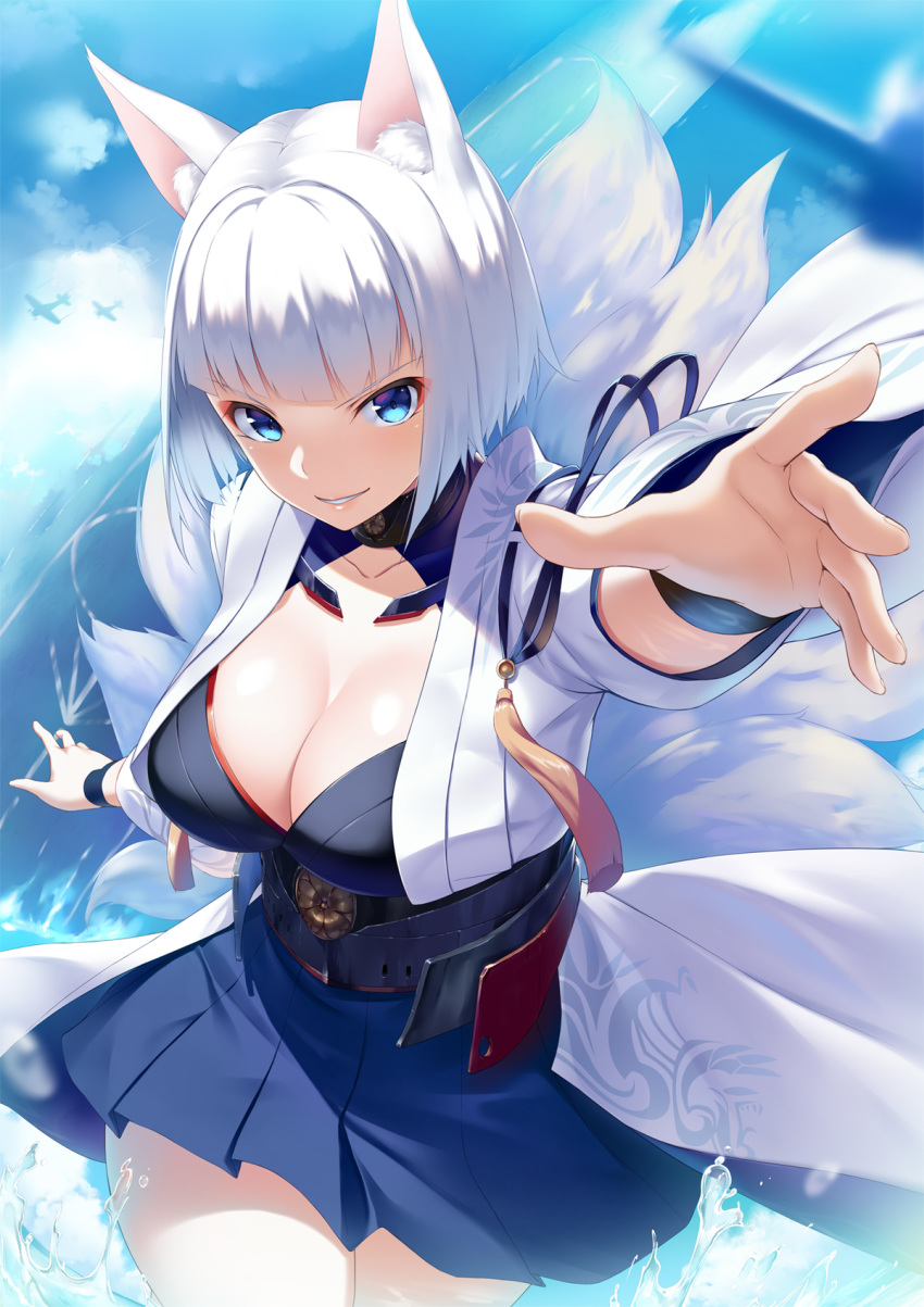 1girl animal_ear_fluff animal_ears azur_lane bangs blue_eyes blue_skirt blunt_bangs bob_cut breasts choker cleavage commentary_request fox_ears fox_tail grin highres kaga_(azur_lane) koikeya kyuubi large_breasts looking_at_viewer multiple_tails outstretched_arm pleated_skirt sakuramon short_hair skirt smile solo tail water_drop white_hair wide_sleeves