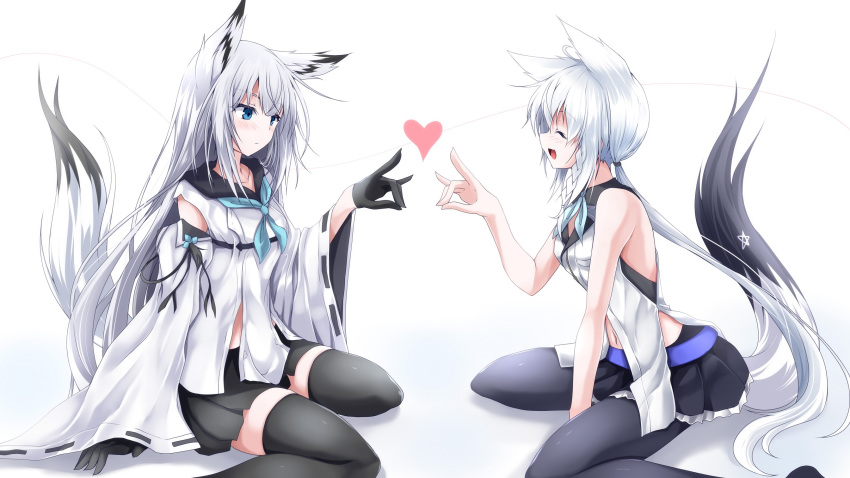 2girls animal_ears aqua_neckwear azur_lane bangs bare_shoulders black_gloves black_legwear black_skirt blue_eyes blush braid closed_eyes closed_mouth collarbone commentary_request crossover detached_sleeves eyebrows_visible_through_hair fox_ears fox_shadow_puppet fox_tail g_(desukingu) gloves heart highres hololive kawakaze_(azur_lane) long_hair long_ponytail long_sleeves look-alike looking_at_another low_ponytail midriff miniskirt multiple_girls navel neckerchief open_mouth petticoat pleated_skirt sailor_collar shirakami_fubuki sidelocks silver_hair sitting skirt sleeveless smile tail thighhighs very_long_hair wariza wide_sleeves