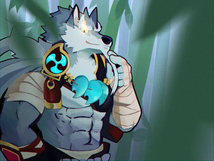 2019 5_fingers abs anthro canid canine canis clothed clothing facial_hair fingers fur grey_body grey_fur hand_wraps humanoid_hands kemmuono law_(sdorica_sunset) male mammal muscular navel plant sdorica sdorica_sunset solo wolf wraps