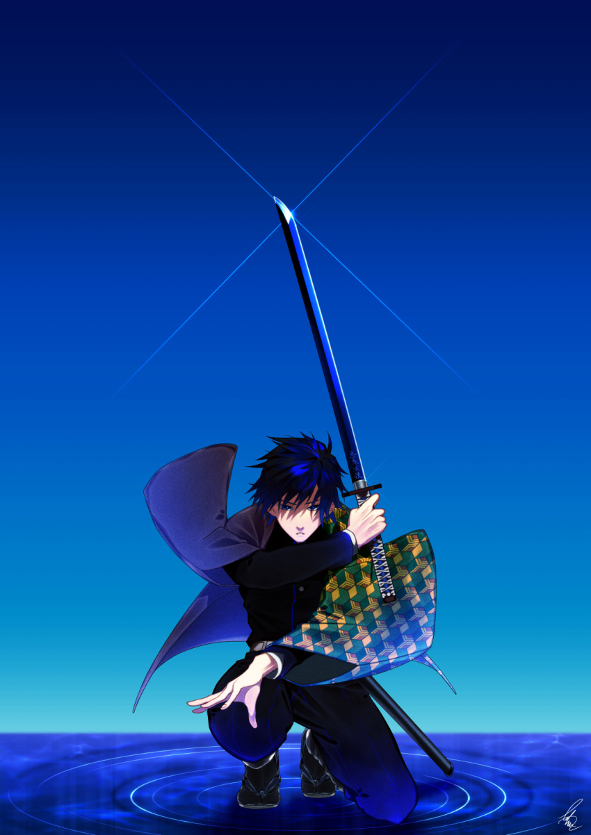 1boy arm_up bangs black_jacket black_pants blue_eyes blue_hair blue_sky buttons day fighting_stance full_body glowing haori highres holding holding_sword holding_weapon jacket japanese_clothes katana kimetsu_no_yaiba krtliki long_sleeves looking_at_viewer male_focus open_clothes open_mouth pants ripples sandals sheath signature sky solo squatting standing standing_on_liquid sword tomioka_giyuu uniform watermark weapon wide_sleeves