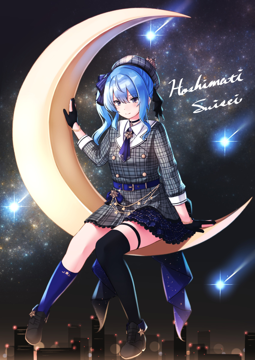 1girl absurdres belt belt_buckle beret black_gloves black_legwear blue_eyes blue_hair blue_legwear blue_neckwear buckle building buttons character_name choker closed_mouth comet crescent_moon floating gloves hat highres hololive hoshimachi_suisei long_sleeves medium_hair miniskirt moon multicolored multicolored_clothes multicolored_legwear night night_sky nyan_(reinyan_007) outdoors partly_fingerless_gloves sitting skirt sky smile solo star star_(sky) starry_sky suisei_channel symbol-shaped_pupils thighhighs virtual_youtuber zettai_ryouiki