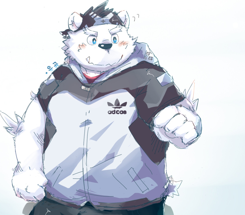 2015 anthro bhtoss blue_eyes bottomwear clothing fur hoodie humanoid_hands male mammal overweight pants polar_bear simple_background solo text topwear ursid ursine white_background white_body white_fur