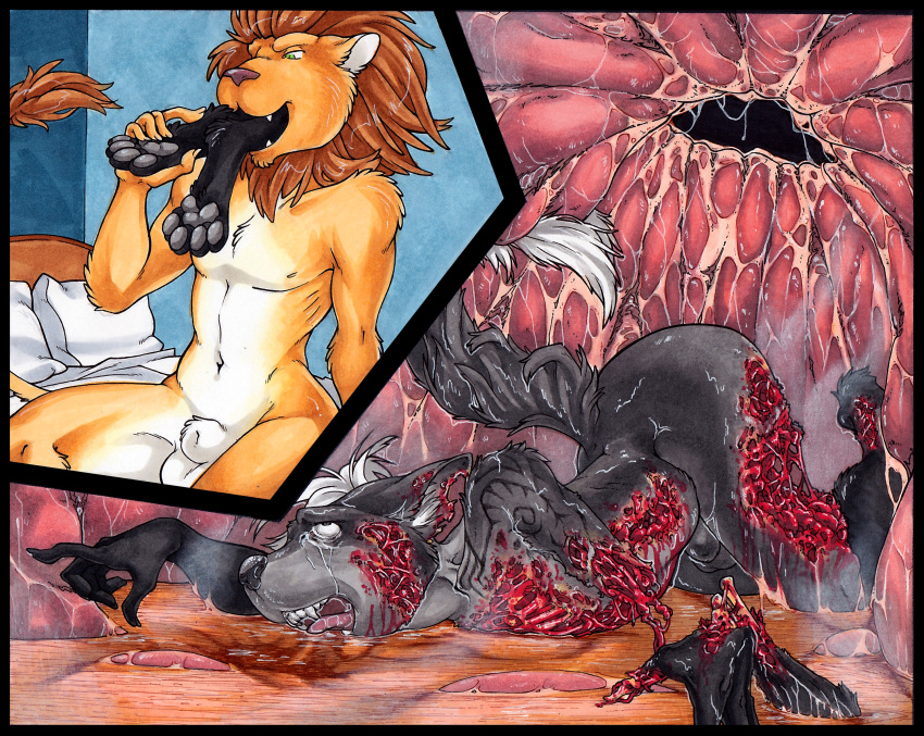 aydan canid canine death digestion digital_media_(artwork) felid fox gore internal leg_markings lion macro male male/male male_pred male_prey mammal markings micro open_mouth oral_vore pantherine psychoseby size_difference smaller_version_at_source stomach vore