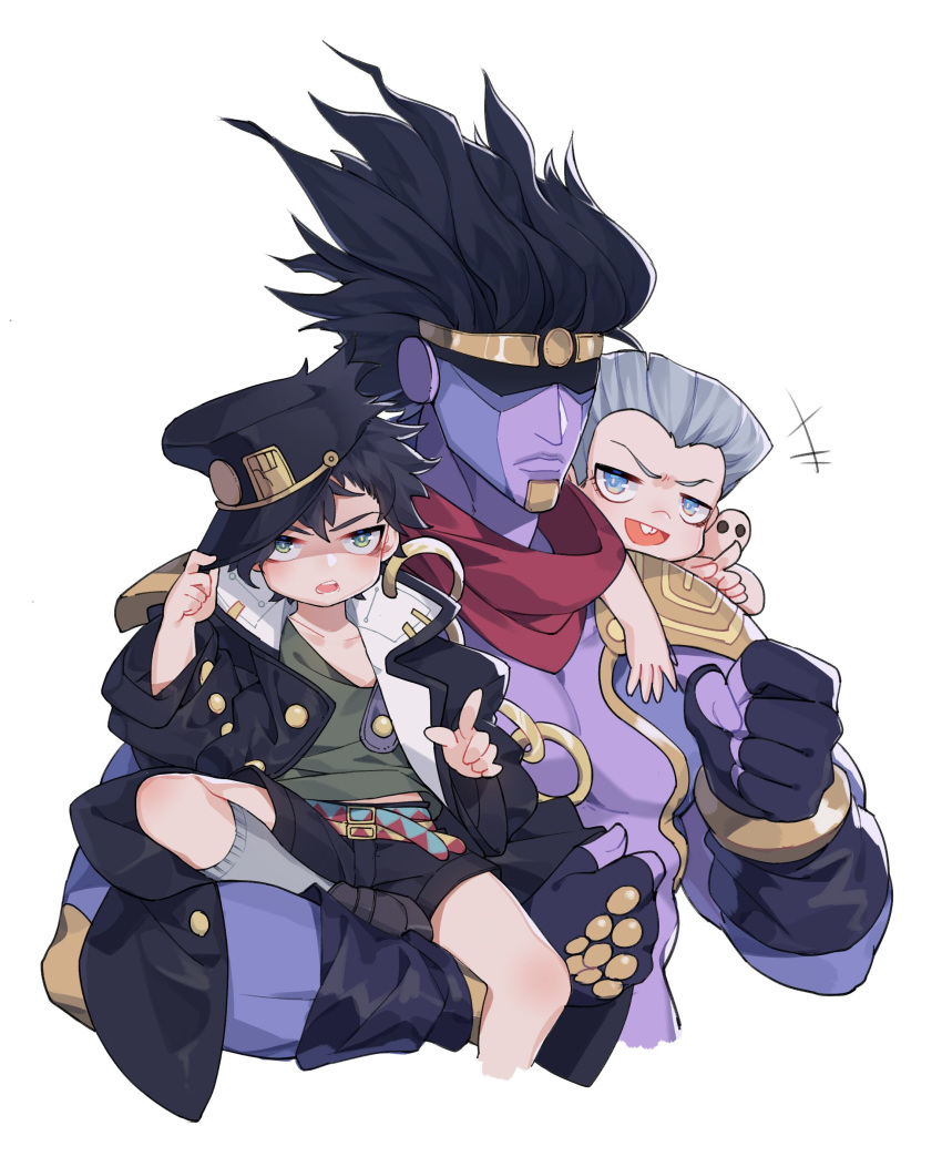 3boys :d :o absurdres adjusting_clothes adjusting_hat belt black_gloves black_hair black_headwear black_jacket black_shorts blue_eyes clenched_hand fingerless_gloves gloves green_eyes grey_hair grey_legwear hat highres ibex jacket jean_pierre_polnareff jojo_no_kimyou_na_bouken kuujou_joutarou male_focus multiple_boys open_mouth oversized_clothes purple_skin shorts smile socks stand_(jojo) star_platinum upper_body white_background younger