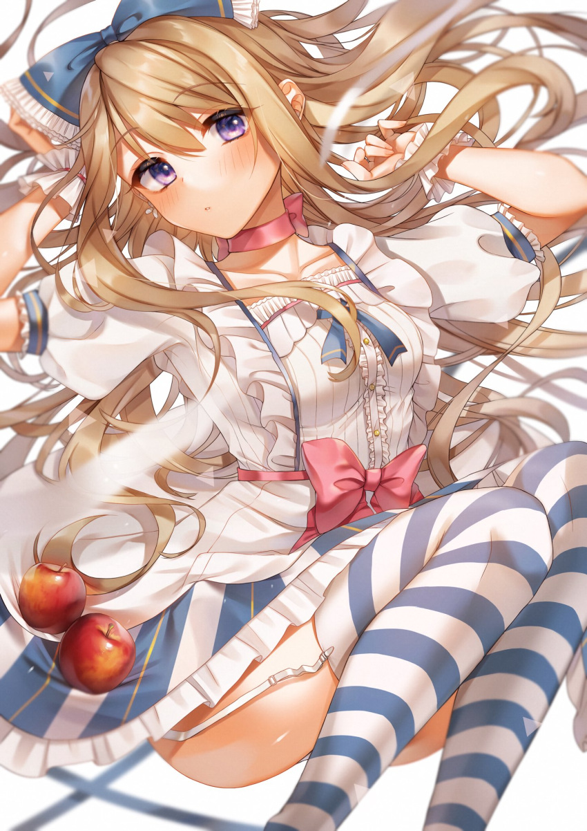 1girl alice_(wonderland) alice_in_wonderland apple ass bangs blonde_hair blue_eyes blush bow center_frills choker closed_mouth collarbone djchanmio dress earrings eyebrows_visible_through_hair food frilled_dress frills fruit garter_straps hair_bow highres jewelry long_hair looking_at_viewer lying on_back petticoat puffy_short_sleeves puffy_sleeves red_choker ribbon_choker short_sleeves sidelocks solo striped striped_legwear thighhighs wrist_cuffs