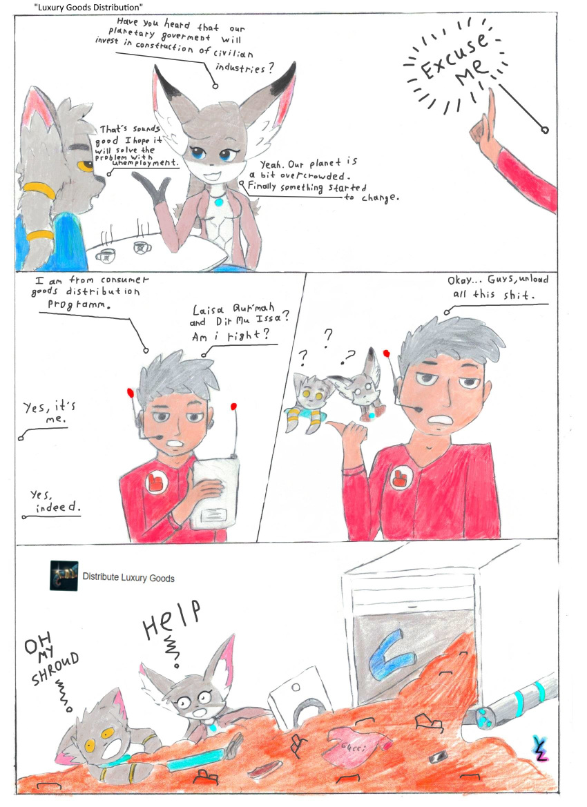 2019 5_fingers ? anthro beverage big_ears black_eyes blue_clothing blue_eyes breasts canid canine clothed clothing comic confusion dialogue english_text felid feline fingers fox fully_clothed fur grey_body grey_fur grey_hair gucci hair help human jewelry mammal necklace pink_clothing red_clothing shirt simple_background smile stellaris tea text topwear truck vehicle white_background white_body white_fur yanzihko yellow_sclera