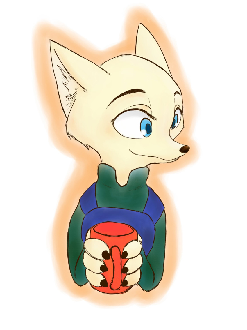 2018 anthro arctic_fox black_nose blue_eyes canid canine clothed clothing disney fox fur holding_cup holding_object inner_ear_fluff mammal marema_kishin simple_background skye_(zootopia) smile solo tuft white_background white_body white_fur zootopia
