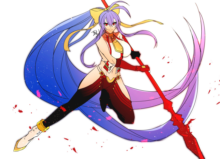 1girl absurdres antenna_hair bare_shoulders black_pants blazblue blazblue_remix_heart blazblue_variable_heart blue_hair bow breasts full_body gloves hair_between_eyes hair_bow halter_top halterneck highres holding holding_spear holding_weapon large_breasts long_hair looking_at_viewer lowleg lowleg_pants mai_natsume navel no_bra no_panties pants polearm ponytail red_eyes revealing_clothes ribbon roas01b sideboob sidelocks smile solo spear very_long_hair weapon yellow_bow