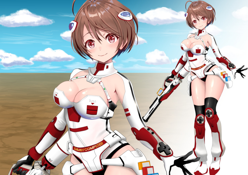 1girl ahoge black_legwear blush boots breasts brown_hair cleavage eyebrows_visible_through_hair famicom game_console gibun_(sozoshu) gun hair_ornament holding holding_gun holding_weapon large_breasts looking_at_viewer multiple_views original personification red_eyes short_hair smile tagme thighhighs weapon