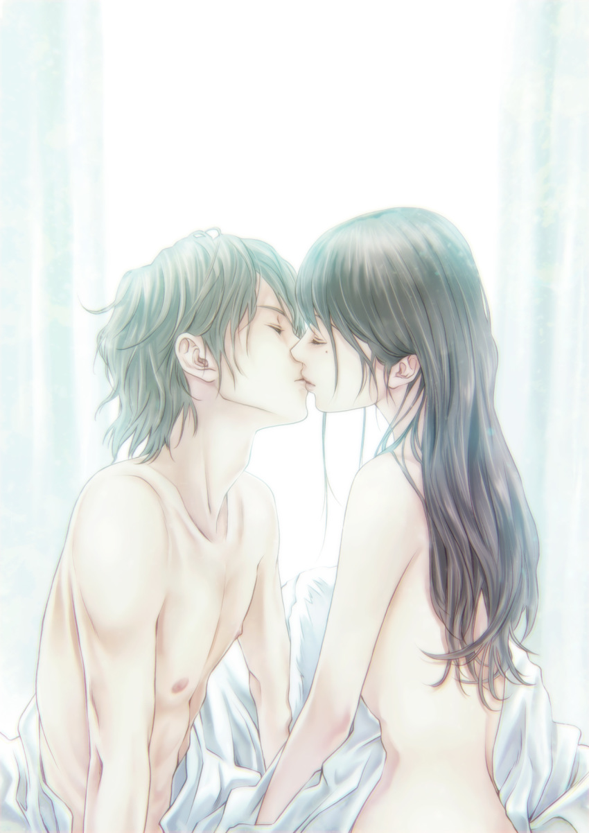 1boy 1girl bed bed_sheet brown_hair censored closed_eyes couple curtains foreplay highres kinoebi kiss light lips long_hair mole mole_under_eye nipples nude on_bed original sitting sitting_on_bed