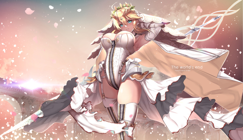 1girl ahoge armpits artoria_pendragon_(all) artoria_pendragon_(lancer) bangs belt blonde_hair blush bodysuit breasts bridal_veil bride chains cleavage commentary_request cosplay eyebrows_visible_through_hair fate/grand_order fate_(series) flower full-length_zipper garter_straps gloves green_eyes highres large_breasts leotard lock long_hair looking_at_viewer medium_breasts nero_claudius_(bride)_(fate) nero_claudius_(bride)_(fate)_(cosplay) nero_claudius_(fate)_(all) open_clothes open_skirt outdoors padlock petals polearm single_thighhigh skindentation skirt smile solo spear thighhighs untsue veil weapon white_footwear white_gloves white_legwear white_skirt wind wind_lift wreath zipper zipper_footwear