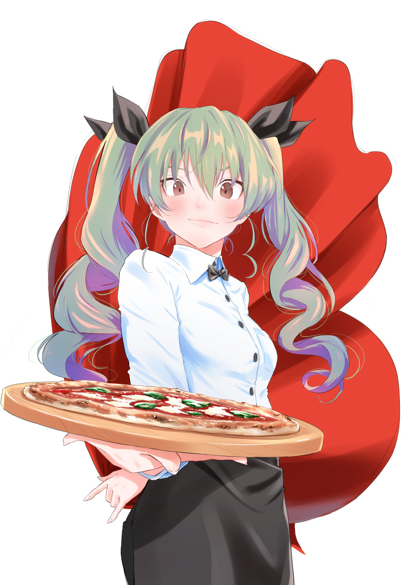 1girl absurdres anchovy arm_behind_back black_ribbon blush bow bowtie breast_pocket brown_eyes cowboy_shot drill_hair fingernails food girls_und_panzer green_hair hair_between_eyes hair_ribbon highres long_fingernails looking_at_viewer oze_(xyz_go_go11) pizza pocket ribbon smile solo tray twin_drills waiter white_background