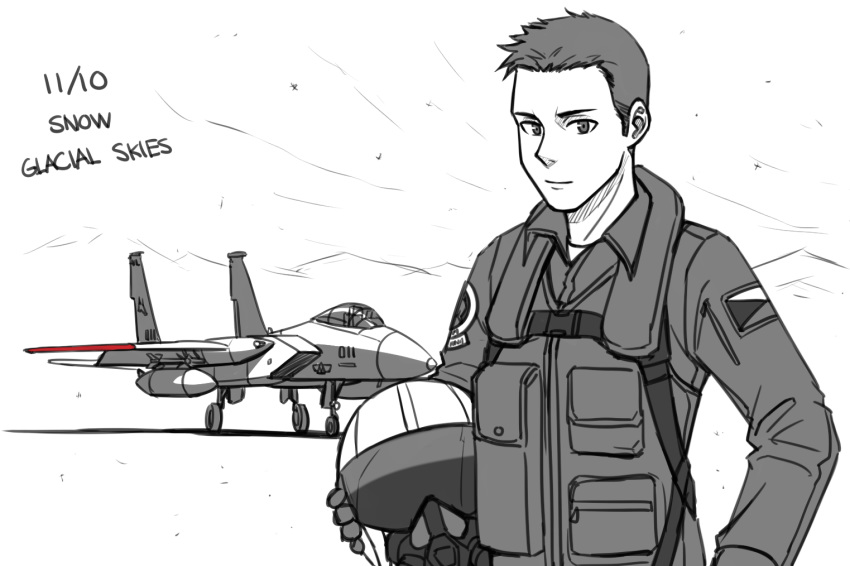 1boy ace_combat ace_combat_zero aircraft airplane closed_mouth collared_shirt dated f-15_eagle fighter_jet forehead gloves greyscale headwear_removed helmet helmet_removed holding holding_helmet jacket jet larry_foulke light_smile long_sleeves looking_at_viewer male_focus military military_vehicle monochrome mountain ndtwofives pilot pilot_helmet pilot_suit shirt solo spot_color upper_body white_background