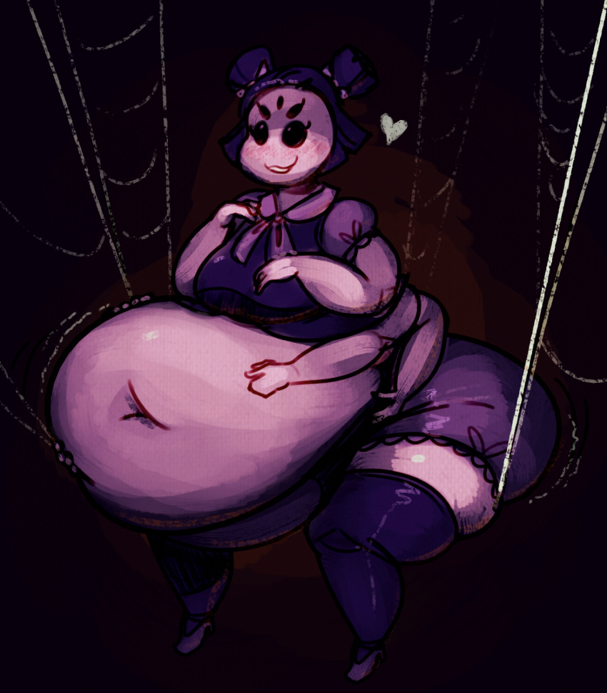 &lt;3 2017 5_eyes 6_arms anthro arachnid arthropod belly big_belly clothed clothing female hair midriff muffet multi_arm multi_eye multi_limb navel overweight pigtails purple_body ridiculouscake simple_background solo spider spider_web thick_thighs undertale video_games
