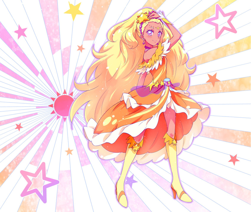 1girl amamiya_erena bare_shoulders blonde_hair blush boots choker commentary_request cure_soleil dark_skin dress full_body hair_ornament high_heel_boots high_heels highres knee_boots kyoutsuugengo long_hair looking_at_viewer magical_girl orange_dress pose precure purple_choker purple_earrings purple_eyes smile solo star star_hair_ornament star_twinkle_precure starry_background sun_(symbol) tiara very_long_hair wrist_cuffs yellow_footwear
