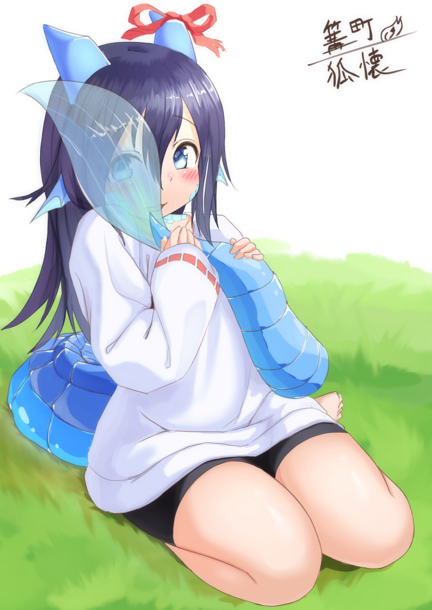 1girl absurdres bangs bike_shorts black_shorts blue_eyes blush commentary_request dragon_girl dragon_horns dragon_tail eyebrows_visible_through_hair fang full_body grass hair_between_eyes head_fins highres horn_ribbon horns kyabe_tsuka leaf-chan long_hair long_sleeves looking_at_viewer on_grass open_mouth original purple_hair red_ribbon ribbon scales seiza shirt short_shorts shorts signature sitting sleeves_past_wrists solo tail tail_grab transparent very_long_hair white_background white_shirt