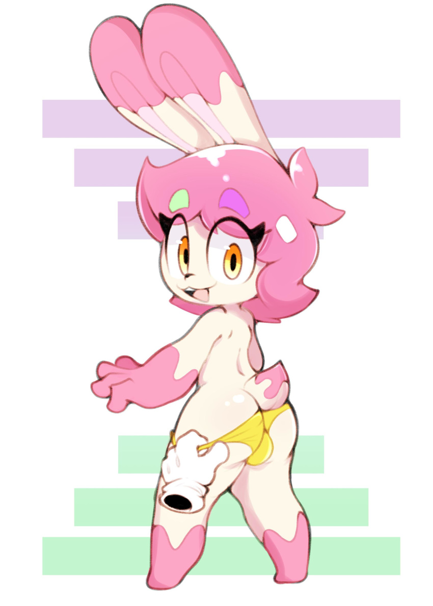absurd_res amai_puwai_(character) anthro balls butt clothed clothing digital_media_(artwork) fur hair hi_res invalid_color lagomorph leporid looking_at_viewer male mammal open_mouth pink_hair pinknmilk rabbit simple_background smile solo underwear white_body white_fur yellow_eyes