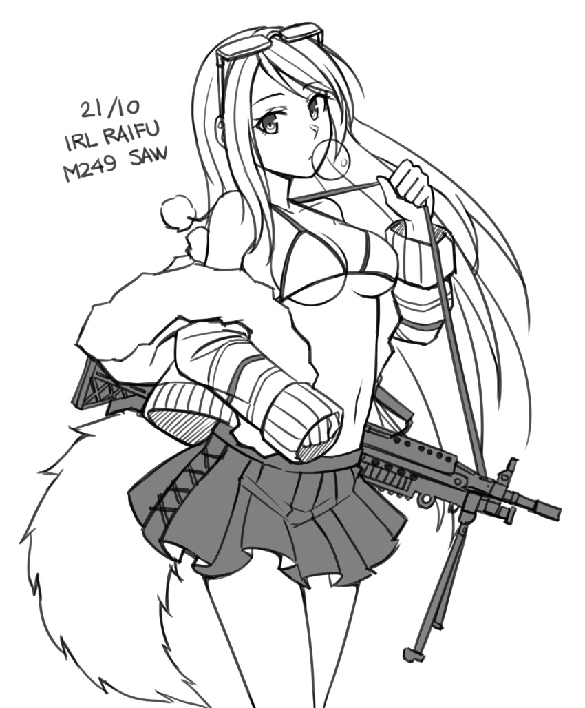 1girl bangs bikini_top bubble_blowing character_name chewing_gum dated eyebrows_visible_through_hair eyewear_on_head fur-trimmed_jacket fur_trim girls_frontline greyscale gun highres holding_strap jacket light_machine_gun long_hair long_sleeves m249 m249_saw_(girls_frontline) machine_gun monochrome navel ndtwofives object_namesake off_shoulder open_clothes open_jacket pleated_skirt simple_background skirt sleeves_past_wrists solo tail very_long_hair weapon white_background