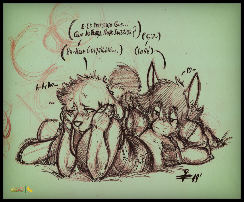 &lt;3 2019 anthro assertive bed big_ears butt clothed clothing dialogue duo engie_(liebro) equid equine floppy_ears fur furniture hair hare hooves horse kissing kissing_butt lagomorph leporid long_ears long_tail love male mammal short_ears short_tail shy spanish_text stories_of_the_few tami_k_maru_(yourfavoritelemonade) text traditional_media_(artwork) yourfavoritelemonade
