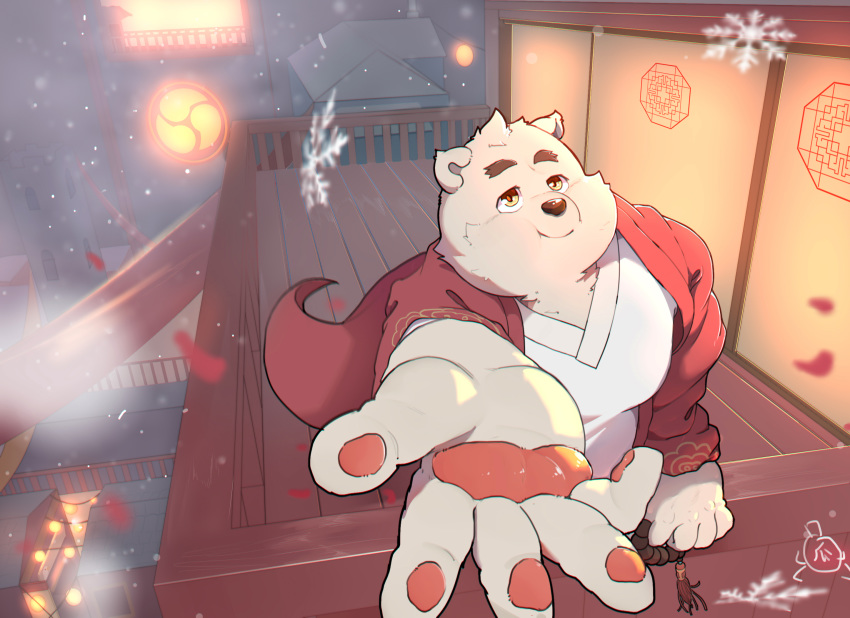 2019 anthro clothed clothing detailed_background fur humanoid_hands mammal night outside overweight piero03432812 snow ursid white_body white_fur