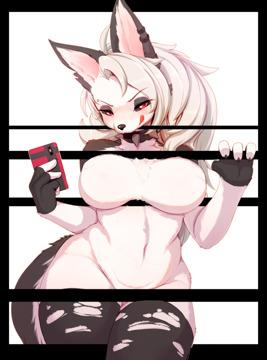 2019 absurd_res anthro bedroom_eyes big_breasts blush breasts canid canid_demon cellphone collar demon female fur hellhound helluva_boss hi_res kemono licking licking_lips licking_own_lips loona_(vivzmind) mammal narrowed_eyes phone red_eyes red_sclera seductive self_lick simple_background solo spiked_collar spikes tongue tongue_out whooo-ya