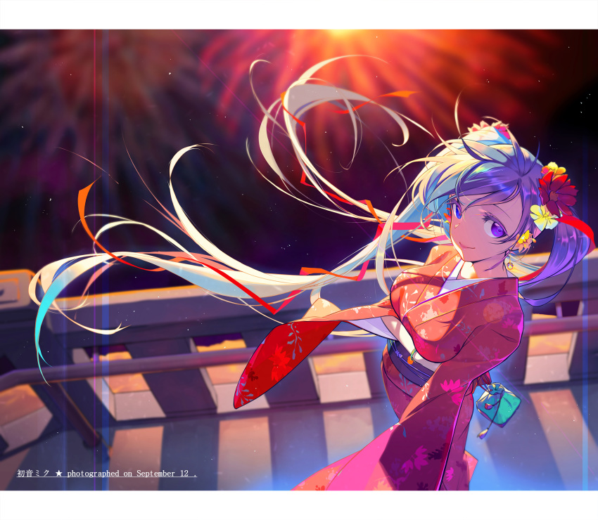 1girl aqua_eyes aqua_hair fireworks floral_print flower graphite_(medium) hair_flower hair_ornament hatsune_miku highres japanese_clothes kimono kyoto long_hair obi print_kimono red_kimono sash traditional_media twintails very_long_hair vocaloid wolfour yukata