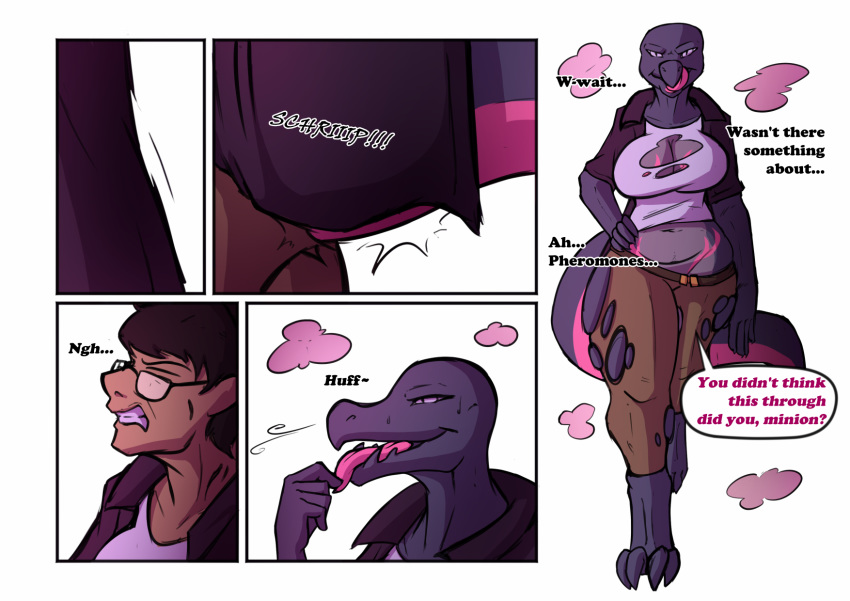 2019 anthro big_breasts biobasher breast_growth breasts clothed clothing comic curse deiser dialogue dominatrix english_text eyewear female gender_transformation glasses hair human human_to_anthro looking_at_viewer magic mammal mtf_transformation nintendo open_mouth pheromones pok&eacute;mon pok&eacute;mon_(species) possession reptile salazzle scalie simple_background smile solo species_transformation text tongue tongue_out transformation video_games