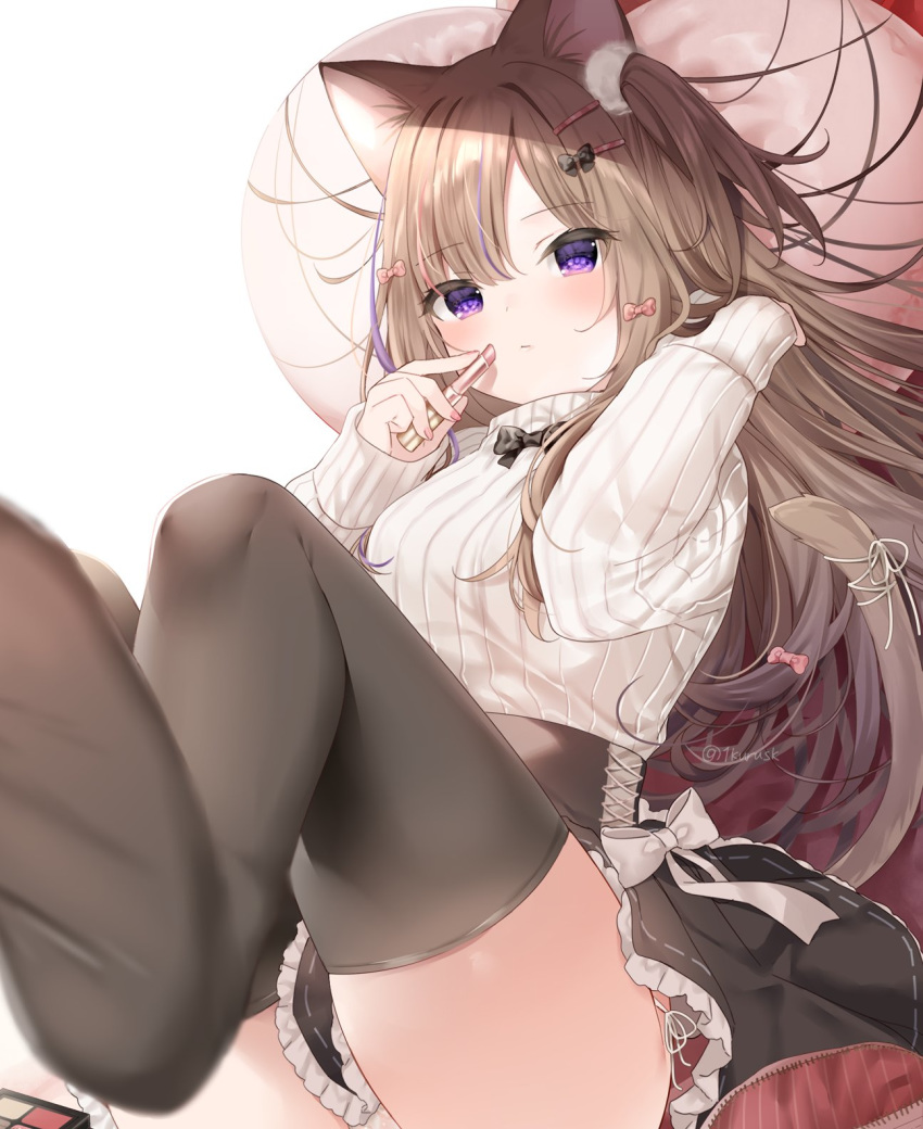 1girl animal_ear_fluff animal_ears black_legwear black_skirt blurry blurry_foreground blush breasts brown_hair cat_ears cat_girl cat_tail closed_mouth commentary depth_of_field frilled_skirt frills hair_ornament hairclip highres holding holding_lipstick_tube leo_(mafuyu) lipstick long_hair long_sleeves looking_at_viewer mafuyu_(chibi21) makeup medium_breasts multicolored_hair no_shoes one_side_up original panties purple_eyes purple_hair ribbed_sweater ribbon side-tie_panties skirt sleeves_past_wrists soles solo streaked_hair sweater symbol_commentary tail tail_raised tail_ribbon thighhighs twitter_username underwear very_long_hair white_panties white_ribbon white_sweater