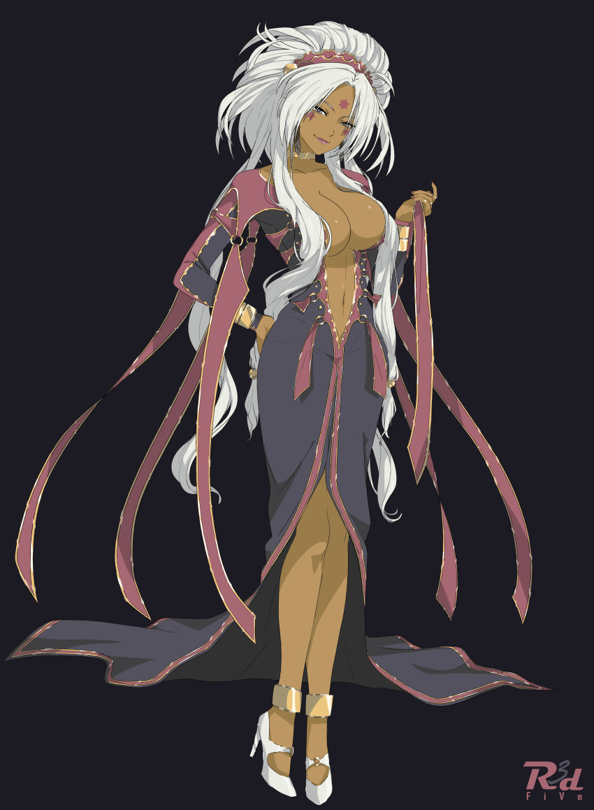1girl 90s aa_megami-sama absurdres bangle bangs bracelet breasts center_opening choker cleavage closed_mouth dark_skin demon demon_girl dress earrings facial_mark feather_earrings fingernails forehead_mark full_body high_heels highres hild_(aa_megami-sama) huge_breasts impossible_clothes jewelry lipstick long_hair long_sleeves looking_at_viewer low-tied_long_hair makeup multiple_rings navel pinup purple_eyes r3dfive red_lipstick red_nails shoes simple_background skin_tight smirk solo standing stiletto_heels white_hair
