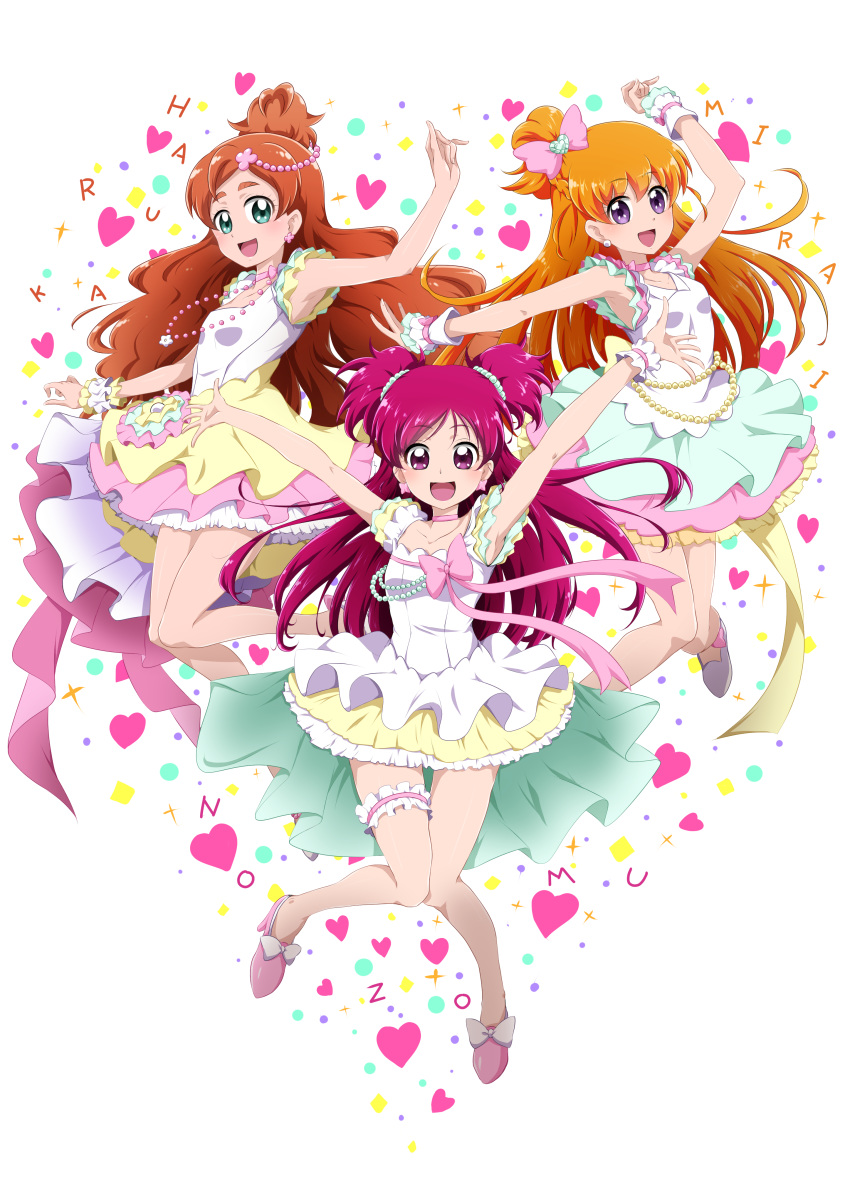 3girls :d absurdres alternate_hair_length alternate_hairstyle arm_up armpits arms_up asahina_mirai blonde_hair blue_eyes blue_skirt bow brown_hair character_name choker collarbone floating_hair full_body go!_princess_precure hair_bow hair_ornament haruno_haruka high_heels highres jewelry layered_skirt long_hair looking_at_viewer mahou_girls_precure! miniskirt multiple_girls necklace niita one_side_up open_mouth outstretched_arm outstretched_arms pink_bow pink_footwear pink_skirt precure pumps purple_eyes red_eyes red_hair shiny shiny_hair shirt simple_background skirt sleeveless sleeveless_shirt smile very_long_hair white_background white_bow white_shirt white_skirt wrist_cuffs yellow_skirt yes!_precure_5 yumehara_nozomi