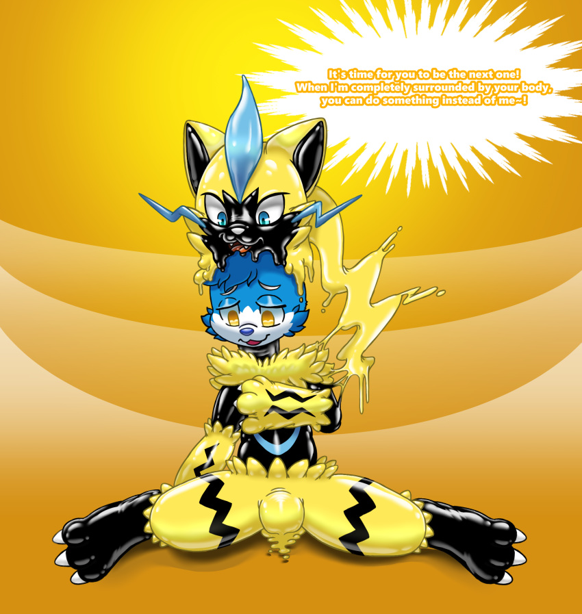 2019 anthro blue_eyes bulge dialogue digital_drawing_(artwork) digital_media_(artwork) duo english_text felid feline goo_transformation hi_res himuic-tmill legendary_pok&eacute;mon male mammal nintendo open_mouth pok&eacute;mon pok&eacute;mon_(species) rubber simple_background text transformation video_games yellow_background yellow_body yellow_eyes zeraora