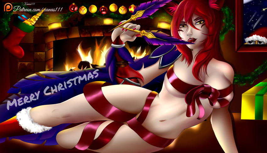 breasts christmas league_of_legends pussy red red_hair xayah xayah_(league_of_legends)